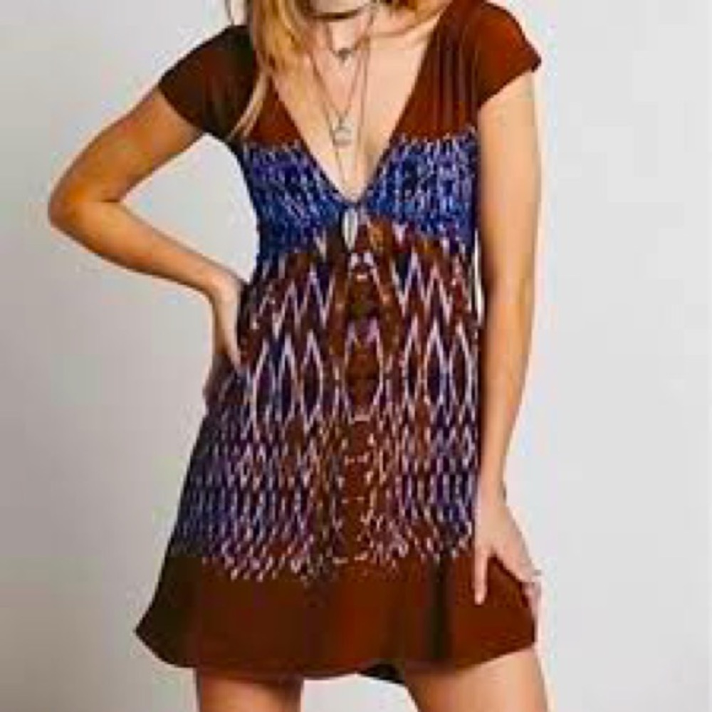 EUC Free People Theodora Ikat Print Theodora Brown Blue Sundress